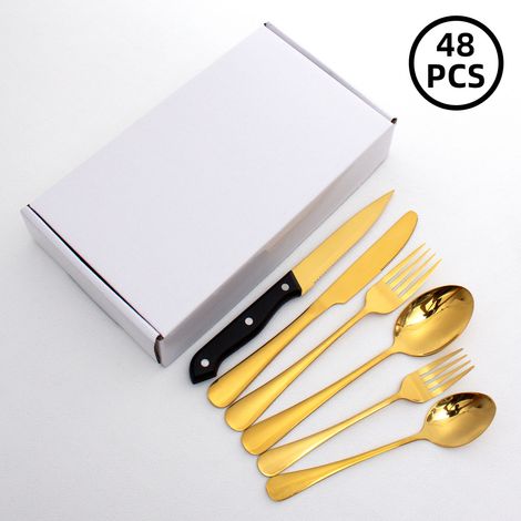 (Ensemble de 48 pièces - doré) Ensemble de couverts en acier inoxydable, comprenant couteaux, fourchettes et cuillères