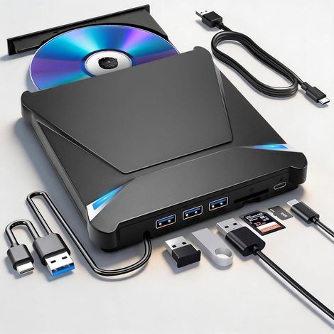 Lecteur Graveur CD DVD Externe pour PC- USB 3.0 USB-C Optical Drive Portable CD/DVD +/-RW, Cartes SD/TF, Lecteur CD Externe pour Laptop, Desktop, Windows, Mac OS,Vista (1/5)