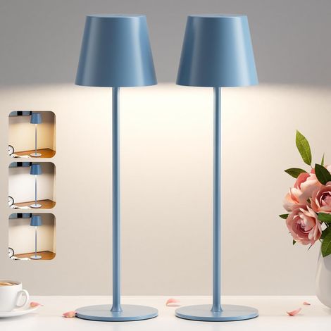 2 Pièces Lampe de Table LED Sans Fil, 3 Température de Couleur, Intensité Variable, Lampe de Chevet Tactile Rechargeable pour Chambre Salon Camping Jardin Café Extérieur(Bleu) (1/4)