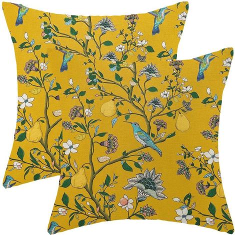 Dekorative Leinenkissenbezüge, Zitronen-, Blumen- und Vogelmuster auf gelbem Hintergrund, chinesischer Stil, 2er-Set, 45 x 45 cm.