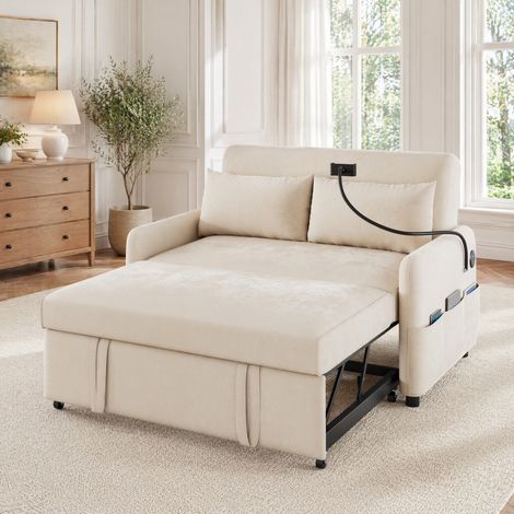 Sofá cama 2 plazas con respaldo reclinable, puertos USB y soporte para móvil, beige DESVIAE (1/5)