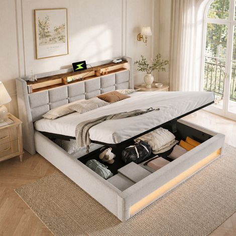 Lit coffre 180x200 cm avec rangement, LED et USB, sommier métal, cadre rembourré tissu lin, sans matelas, beige (1/5)