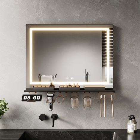SONNI Modern LED Badspiegel mit Beleuchtung, Antibeschlag, Schwarze Ablage und Dimmbarer 3-Farben Beleuchtung, 800x600mm
