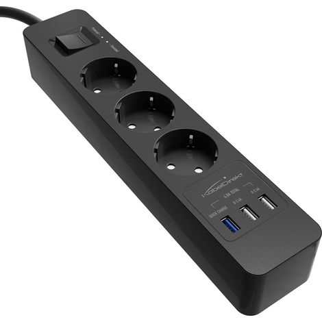 KabelDirekt Ciabatta elettrica a 3 Prese e multipresa USB, Quick Charge 3.0, Carica Fino a 3 Volte Veloce a seconda del Dispositivo, Protezione Contro Le sovratensioni, Approvato TÜV, Nero (1/5)