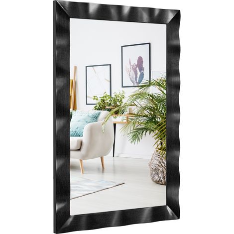Specchio da parete cornice in legno di gomma superficie irregolare, Specchio rettangolare da 106x71,5cm Nero (1/4)
