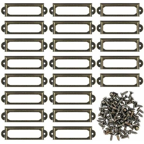 50 supports d'étiquette en métal pour cadres de tiroirs de meubles avec vis, bronze (60 x 17 mm), mobilier robuste et élégant (1/4)