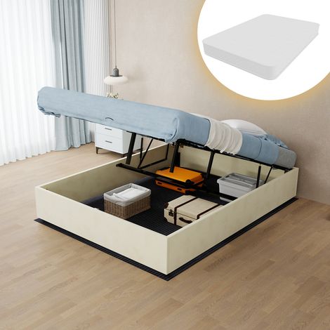 Cadre lit minimaliste moderne, 140 x 200 cm, beige, velours hollandais, vérins gaz, chambre moderne, sans tête lit, matelas inclus (1/5)