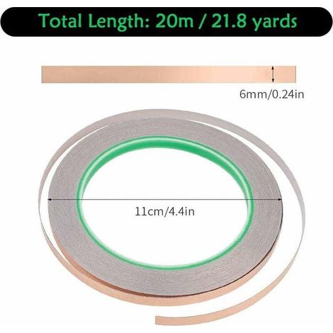 2 rotoli di nastro di rame, striscia di rame da 20 m x 6 mm, adesivo anti-slug, rame biconduttivo, nastro adesivo decorativo, lamina di rame per vetrate colorate (1/4)