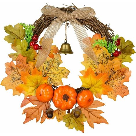 12 inch Artificial Fall Wreath Maple Wreath for co.ukont Door Maple Leaf Door Wreath with Pumpkin Bell for Halloween Thanksgiving Indoor or Outdoor Decor (1/5)