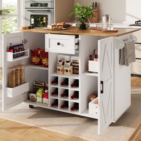 Isla de cocina 137,5/65/95,6 cm blanca con tablero abatible, almacenaje y ruedas (1/5)
