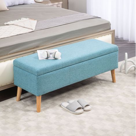 Banc rembourré avec rangement aspect lin bleu 110 x 39 x 45 cm OKWISH (1/5)
