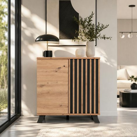 Petit buffet moderne 1 porte noire rainurée ALVA (1/5)