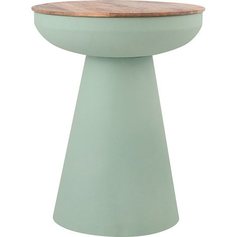 Tavolino rotondo design con vano in metallo celadon e legno massello di mango H52 cm TAM