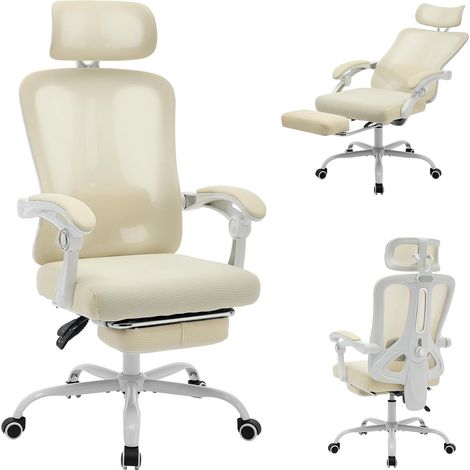 Bürostuhl,ergonomischer Schreibtischstuhl,Chefsessel (Drehstuhl,90° bis 140° Wippfunktion,leise Rollen),verstellbare Kopfstütze,Armlehnen,Lendenwirbelstütze Computerstuhl 150 kg, beige Stuhl (1/5)