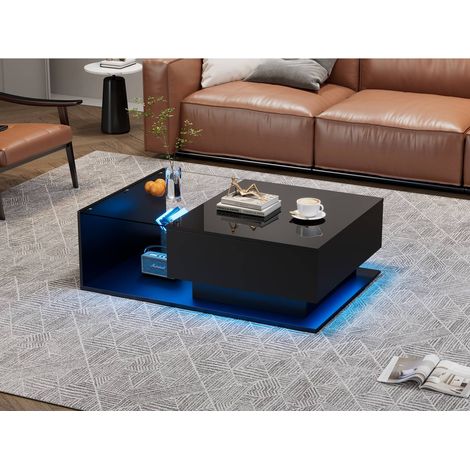 Table basse 100 x 50 x 32 cm noire haute brillance avec plateau en verre, 1 tiroir, led et style moderne, résistante aux rayures (1/5)