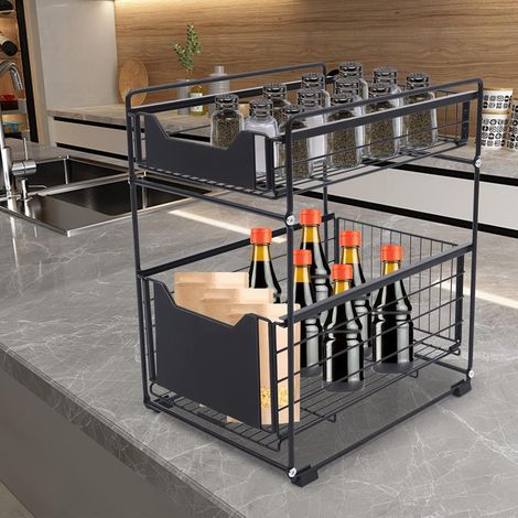 étagère de placement polyvalente de cuisine de 2 étages, étagère de rangement Push - pull d'évier inférieur, tiroir de cuisine rétractable, cuisine, chambre à coucher, salon, salle de bains (1/5)