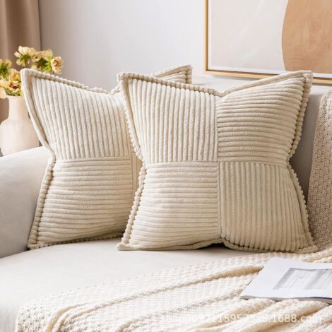 Sofa Cushion Cover 40x40 Pillowcase Set of 2 in Beige Corduroy with Crossed Pattern Decoration Bedroom Garden Living Room Armchair Chair Bed Scandinavian Bohemia (1/4)