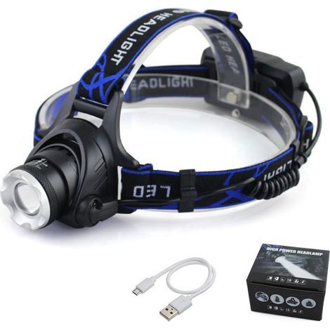 Lampe frontale LED rechargeable 1200LM, lampe frontale étanche IP64, zoomable, 3 modes avec câble USB, 2 batteries 18650 avec voyant lumineux pour camping, pêche, cyclisme, randonnée, 5 boucles (1/5)
