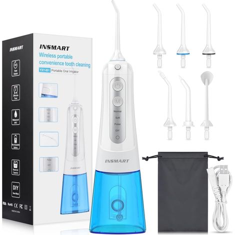 Hydropulseur dentaire sans fil pour les dents - Pulvérisateur dentaire portable - 300 ml - Jet d'eau doux pour les gencives - Élimine la plaque dentaire et les particules alimentaires (1/5)