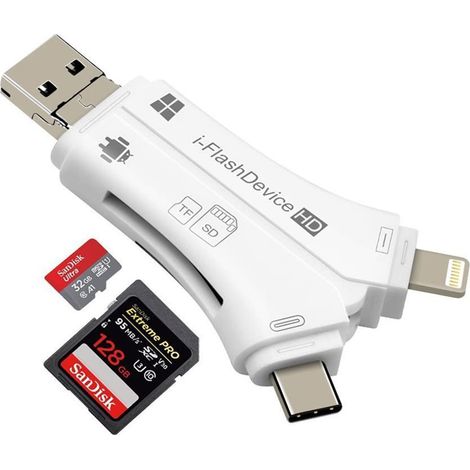 Lecteur De Cartes Externe 4-en-1 - Micro-SD TF SD USB-A USB-C - Compatible iPhone iPad Mac Android PC (1/5)