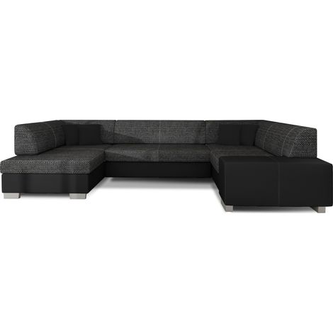 Canapé panoramique convertible HOUSTON en bi-matière avec coffre de rangement à gauche-Noir/Noir chiné-Coffre à gauche (1/5)