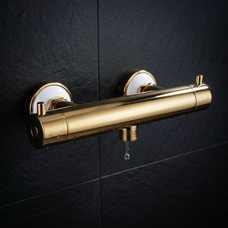 PaulGurkes Dusch-Thermostat Retro mit Keramik Mischbatterie Antik Gold Hochglanz