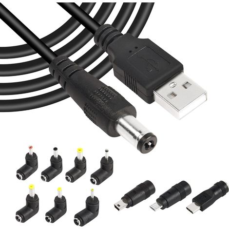Câble d'alimentation USB2.0 vers CC USB2.0 vers CC 5,5 mm x 2,1 mm Câble de Charge Universel 5 V avec 10 Types de connecteurs pour téléphones Mobiles,Haut-parleurs,routeurs,etc(60,2 Pouces) (1/5)