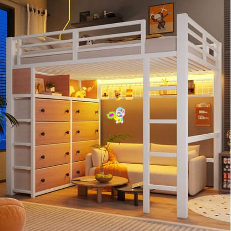 Lit mezzanine enfant 140x200 cm en métal blanc, avec rangement pour chambre, FloraGrace (1/5)