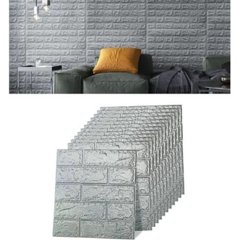 Lot de 12 stickers muraux imitation brique, noirs et gris, imperméables et auto-adhésifs, en polyéthylène haute densité (XPE), pour la décoration. (1/5)