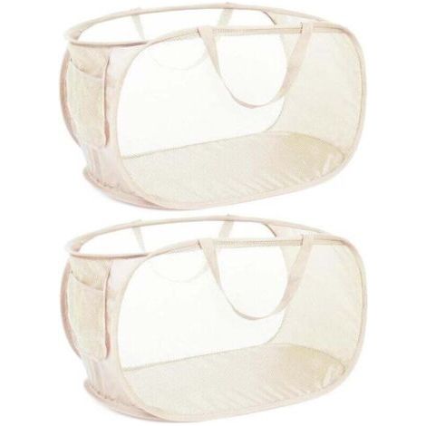 BUNTHAUS PA Panier à linge pliable en maille résistante, avec poches latérales et poignées renforcées, idéal pour la lessive, la salle de bain, les chambres d'étudiant ou les voyages. Lot de 2, beige. (1/4)