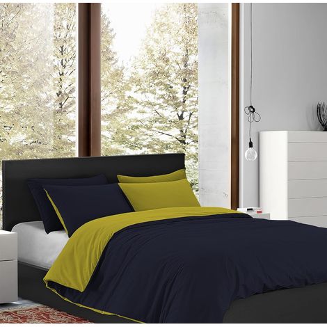 Parure Copripiumino Matrimoniale Double Face Prodotto Italiano Sacco e federe 100% Cotone Set Letto Bicolore BluNotte-Giallo - Matrimoniale (1/3)