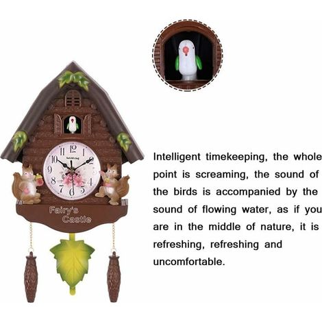 A voir - Pendule à coucou de la Forêt-Noire avec pendule, horloge murale à oiseaux avec appel d'oiseau naturel, mouvement à quartz à coucou à piles, décoration d'art pour la maison (26 x 42 cm) (1/4)