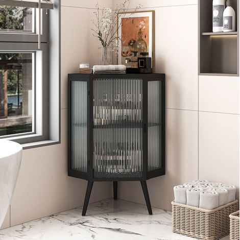 Armario esquinero de suelo negro con vidrio templado y metal 56 x 42,5 x 80 cm (1/5)