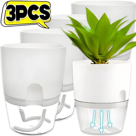(noir, lot de 3) Pot de fleurs hydroponique Lazy, pot de fleurs à absorption d'eau automatique, double couche transparente en plastique auto-irrigué (1/4)