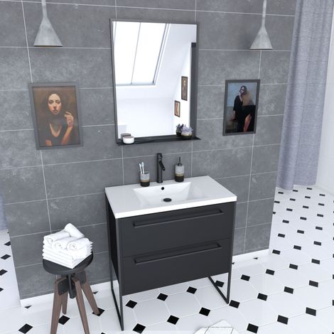 Set Mobile Bagno 80x50 NERO OPACO - 2 cassetti nero opaco - lavabo bianco + specchio