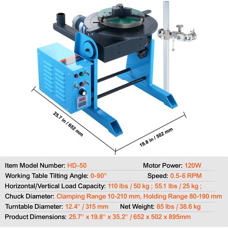 Morphron 50KG Drehschweißpositionierer, 0-90° einstellbarer Drehtisch, 0,5 - 6 U/min, 120 W, 12,4" 3-Keilspannfutter & Brennerhalter. Ideal für Schneiden, Schleifen, Montage und Prüfung