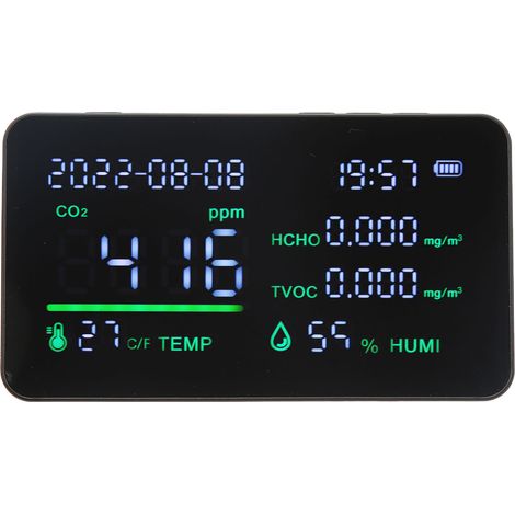 CO₂-Detektor, ABS-Komponenten und elektronischer VOC-Sensor, digitales Temperatur- und Feuchtigkeitsmessgerät, Luftqualitätsmonitor für Einkaufszentren, schwarz (1/5)