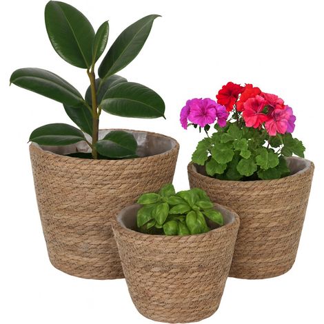 Relaxdays Blumentopf, 3er Set, Schilf, Pflanzentöpfe mit Folie, 3 Größen, Boho-Style, runde Blumenübertöpfe, natur