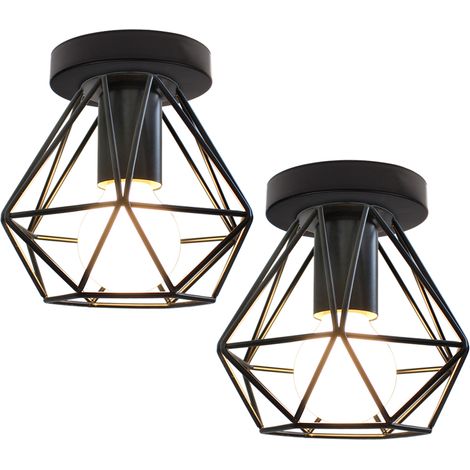2er Deckenleuchte Diamant, Industrielle Deckenlampe mit Ø16cm Käfig, Eisen Lampe E27 Fassung für Wohnzimmer Schlafzimmer (Schwarz)