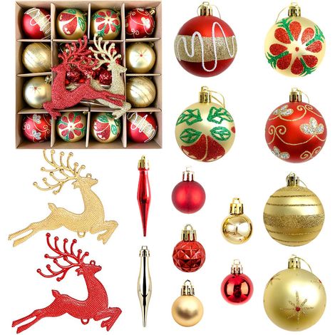 (MJBK001 [Motif renne rouge et or]) Décoration de Noël : boule en plastique électroplaqué avec flocon de neige et renne, ensemble de pendentifs. (1/2)