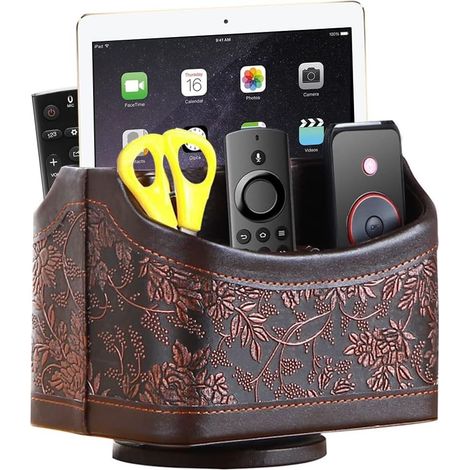 Support en cuir antique, plateau tournant à 360° pour télécommande/boîte TV, organiseur de table de chevet pour le rangement