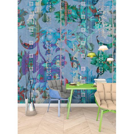 Papier peint panoramique tropical ethnique | Tapisserie panoramique turquoise & vert exotique | Papier peint panoramique floral pour escalier - 270 x 400 cm (4 pièces) (1/5)
