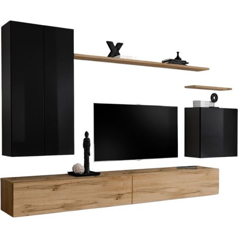 Ensemble de meubles de salon collection SWITCH II design, coloris noir brillant et chêne Wotan.