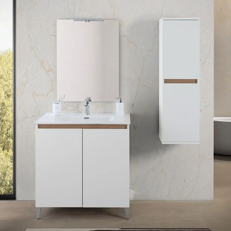 Mobile bagno a terra 80 cm bianco e rovere con 2 ante soft-close Kleo (1/5)