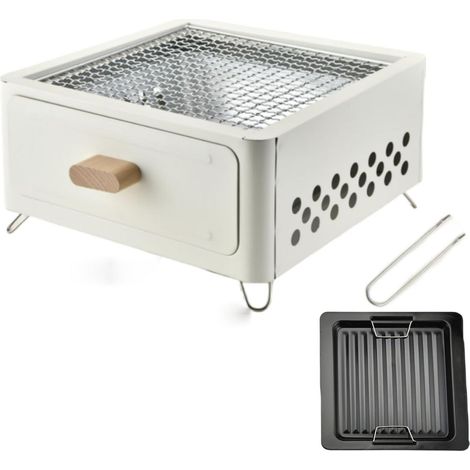 Barbecue au charbon portable forme carrée pour repas autour du feu, couleur blanc montagne, bac à charbon coulissant fourni en standard avec plaque à frire (1/5)