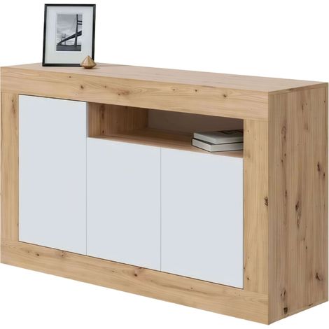 Aparador Baltik con 3 puertas y hueco en color Roble nodi y Blanco Artik Estilo nórdico87x144x42 cm (1/5)