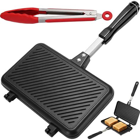 Poêle À Sandwich Double Face Avec Pinceau À Huile, Revêtement Antiadhésif, Pour Petit Déjeuner, Camping, Extérieur, 35,5 X 24 Cm (1/5)