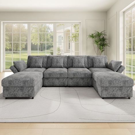 Canapé d'angle modulable - SOGEU - N653P828384GR - Chenille gris - Pouf + 6 coussins - 284x156.5x86 cm (1/5)