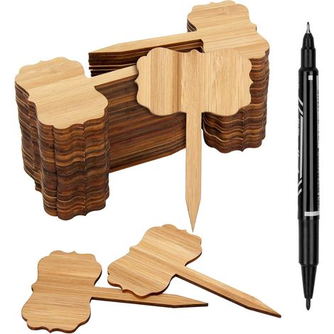 60 Bambus-Pflanzenstecker, T-förmige Holz-Pflanzenstecker mit Stift für Pflanzen, Baumschule, Saatgutgarten, Gewächshauszubehör, 6,3 x 10 cm, Holz (1/5)