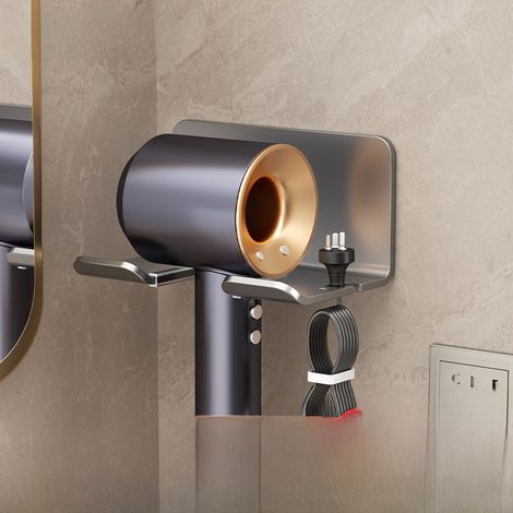 Support mural pour sèche-cheveux en acier au carbone couleur gris anthracite, sans perçage, pour salle de bain, avec cadre pour sèche-cheveux de 120 mm, gain de place.